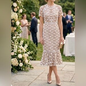 Shoshanna elegant crochet midi dress lined ruffle hem short sleeve sz 2